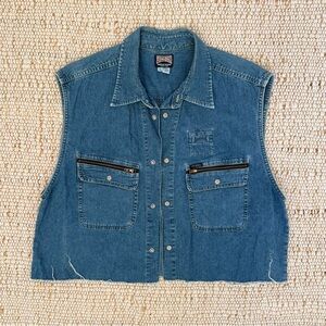 Guess Cropped Blue Denim Vest with Zipper Pockets